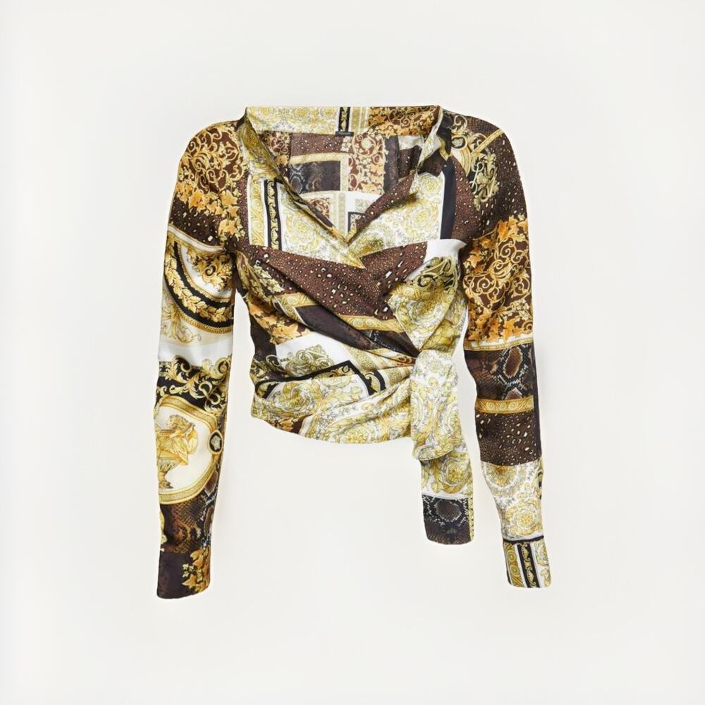 Versace Barocco Mosaic Silk Wrap Crop Top – IT 38 (XS) – Gold/Brown